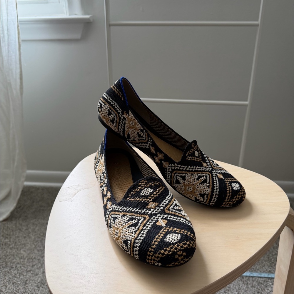 Rothy's Black, Gold & Cream Patterned Knit Ballet Flats